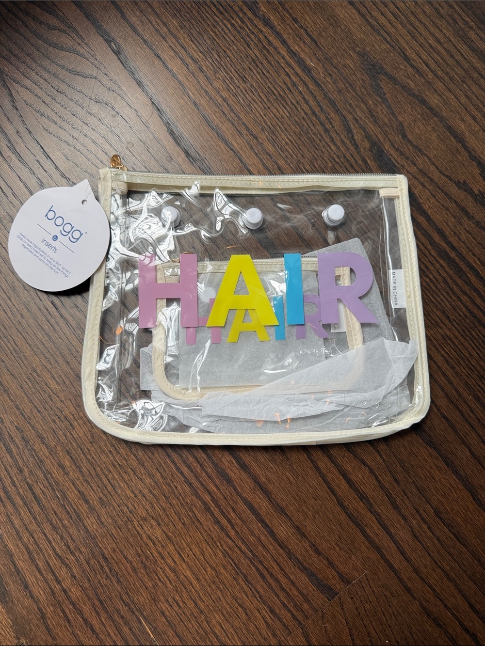 BOGG BAG Clear Pouch with Colorful HAIR Letters and Cream Trim NWT
